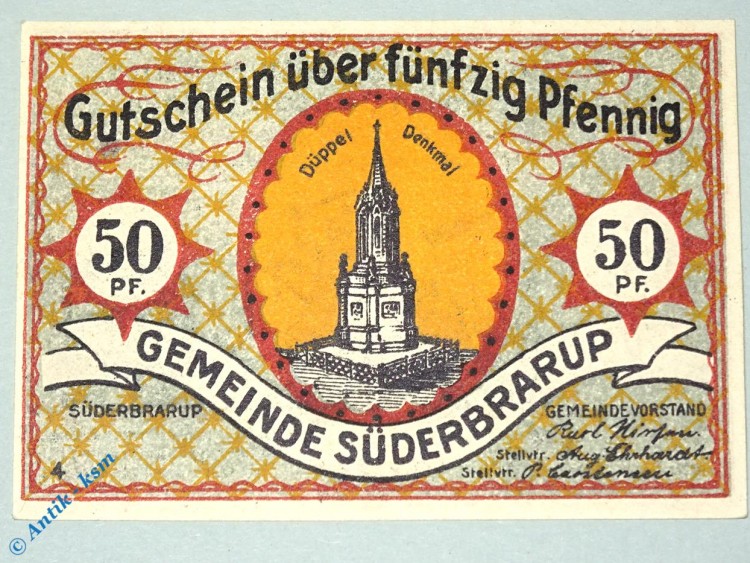 Notgeld Süderbrarup , 50 Pfennig Schein Nr 4 , mit 2 x Stellvtr , Mehl Grabowski 1294.7 A , Schleswig Holstein Seriennotgeld