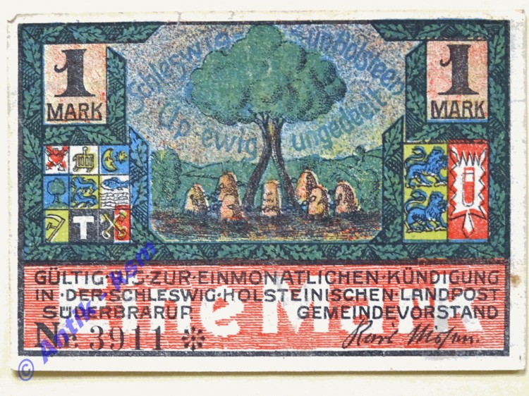 Notgeld Süderbrarup , Schleswig Holstein , Einzelschein über 1 Mark , Mehl Grabowski 1294.3 , Seriennotgeld
