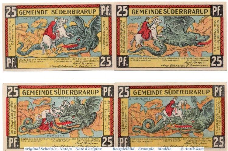 Notgeld Süderbrarup , Set mitt 4 Scheinen in kfr. Mehl Grabowski 1294.6 , von 1921 , Schleswig Holstein Seriennotgeld