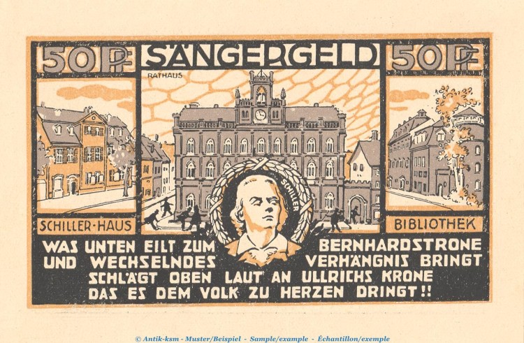 Notgeld Sängerfest Weimar 1399.1 , 50 Pfennig Schein in kfr. von 1921 , Thüringen Seriennotgeld