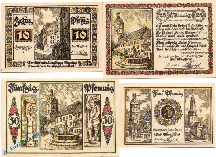 Notgeld Sangerhausen , Sachsen Anhalt , vollständiger Satz mit 4 Scheinen , Seriennotgeld , 1163.1 , von 1921