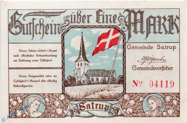 Notgeld Satrup , 1 Mark Schein in kfr. weiss , Mehl Grabowski 1168.1 c , dänisch Nordschleswig Seriennotgeld