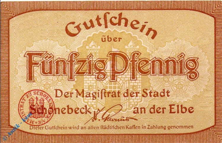 Notgeld Schönebeck , 50 Pfennig Schein , heller , Tieste 6635.05.25 , Sachsen Verkehrsausgabe