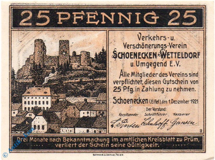 Notgeld Schönecken Wettelsdorf , 25 Pfennig Schein , Mehl Grabowski 1198.1 , von 1921 , Rheinland Serien Notgeld