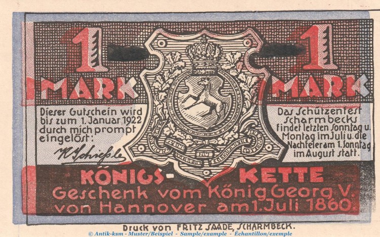 Notgeld Schützenhof Scharmbeck 1172.2.c , 1 Mark -Fehldruck- in kfr. o.D. Niedersachsen Seriennotgeld