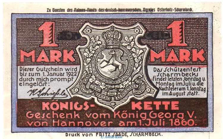 Notgeld Schützenhof Scharmbeck 1172.3 , 1 Mark Schein in kfr. o.D. , Niedersachsen Seriennotgeld