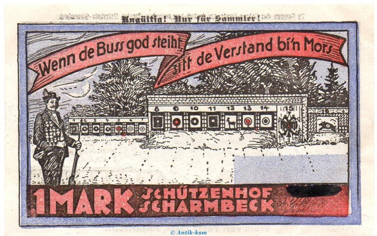 Notgeld Schützenhof Scharmbeck 1172.3 , 1 Mark Schein in kfr. o.D. , Niedersachsen Seriennotgeld