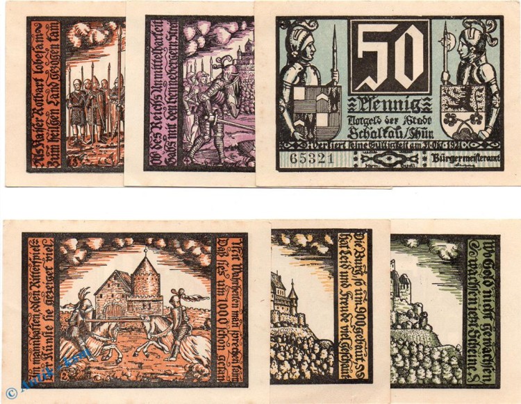 Notgeld Schalkau , Set mit 6 Scheinen in kfr. Mehl Grabowski 1171.1 , von 1921 Thüringen Seriennotgeld