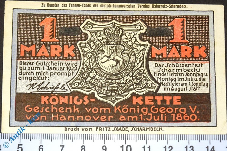 Notgeld Scharmbeck , Schützenhof , 1 Mark Schein , Blaudruck fehlt , Mehl Grabowski 1172.3 , Niedersachsen Serien Notgeld