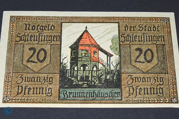 Notgeld Stadt Schleusingen 1181.3.a-b  , 20 Pfennig Schein gelblich und dick in kfr. o.D. Thüringen Seriennotgeld