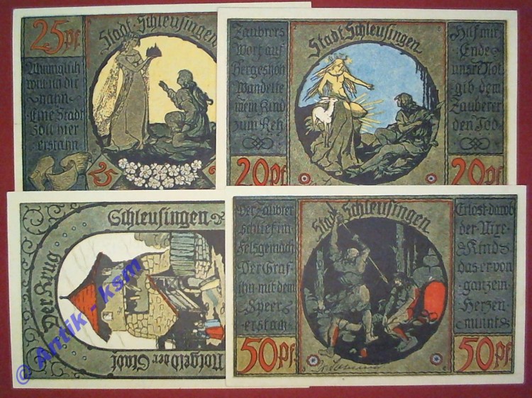 Notgeld Schleusingen , Papier gelblich und dick , vollständiger Satz mit 4 Scheinen , Seriennotgeld , Thüringen , Mehl Grabowski 1181.3 , von 1921