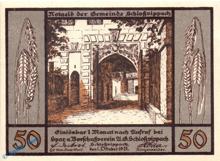 Notgeld Schlosswippach , 50 Pfennig Schein in kfr. Mehl Grabowski 1183.1 , von 1921 , Thüringen Seriennotgeld