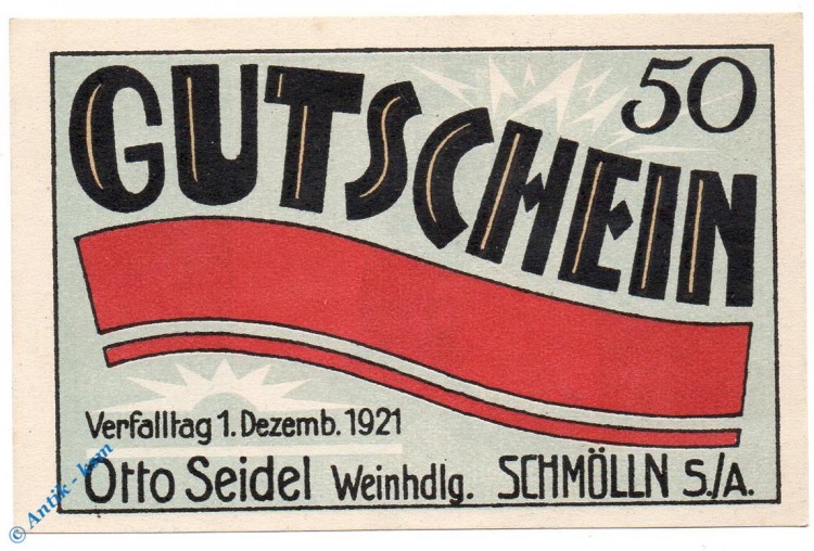 Notgeld Schmölln , Otto Seidel , 50 Pfennig Schein Nr 2 , Mehl Grabowski 1188.1 , Thüringen Seriennotgeld