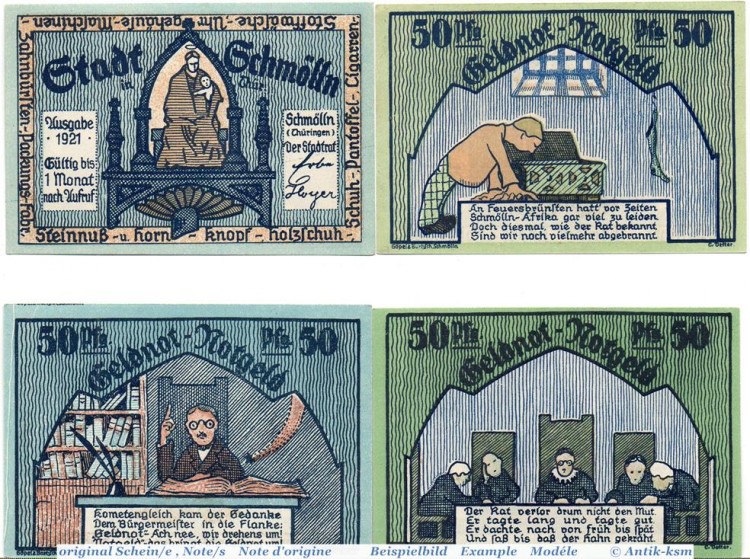 Notgeld Schmölln , Set mit 4 Scheinen in kfr. Mehl Grabowski 1189.2 , von 1921 , Thüringen Seriennotgeld