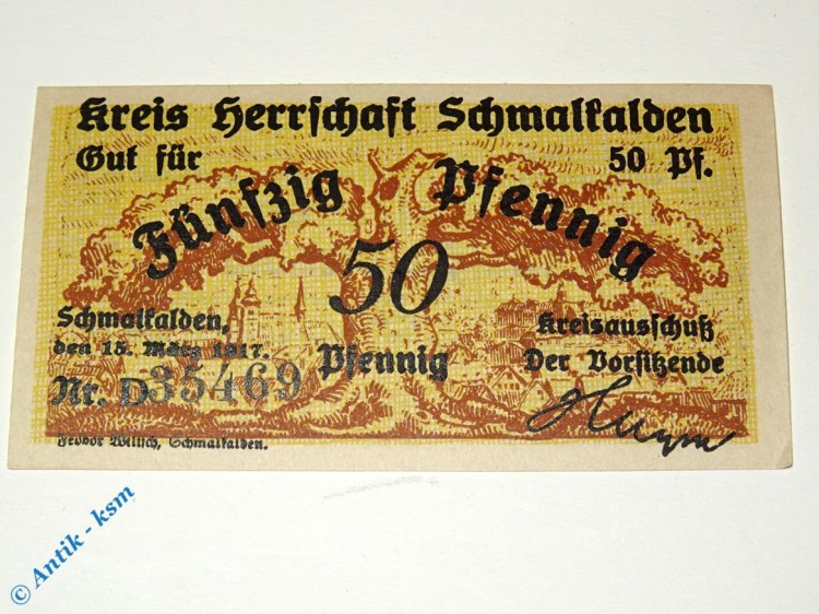 Notgeld Schmalkalden , 50 Pfennig Schein D , Tieste 6585.05.15 , von 1917 , Hessen Verkehrsausgabe