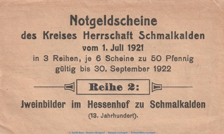 Notgeld Schmalkalden , Umschlag Serie 2 , Verkaufsverpackung zu Mehl Grabowski 1184.2 , von 1921 , Thüringen Seriennotgeld