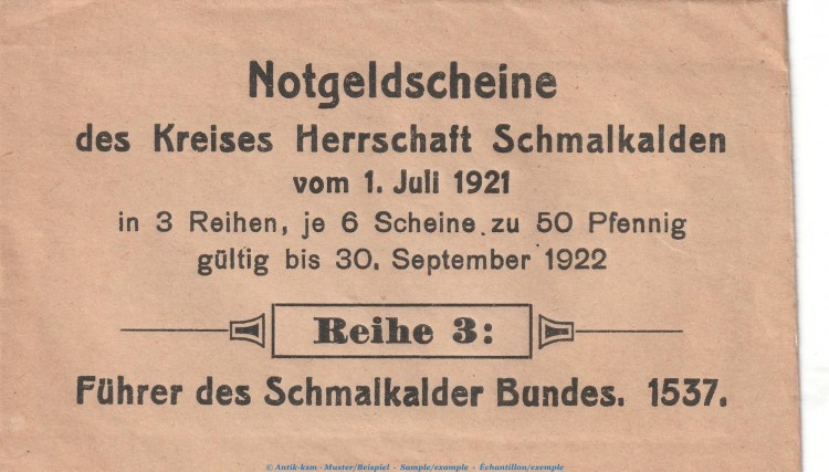 Notgeld Schmalkalden , Umschlag Serie 3 , Verkaufsverpackung zu Mehl Grabowski 1184.3 , von 1921 , Thüringen Seriennotgeld
