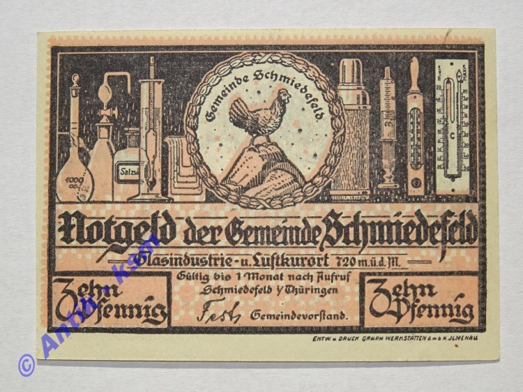 Notgeld Schmiedefeld , Thüringen , Einzelschein 10 Pfennig , rosa - gelbbraun , Seriennotgeld , 1187.4 , von 1921