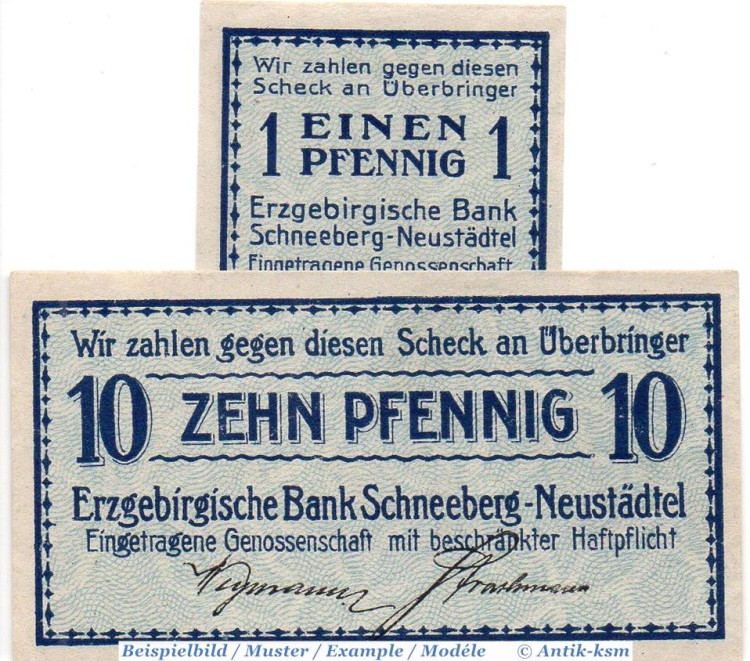 Notgeld Schneeberg Neustädtel , Set mit 2 Scheinen in kfr. Tieste 6605.05.01-02 , von 1918 , Sachsen Verkehrsausgabe
