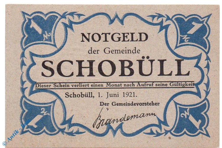 Notgeld Gemeinde Schobüll 1194.8 , 1 Mark Schein grau in kfr. von 1921 , Schleswig Holstein Seriennotgeld