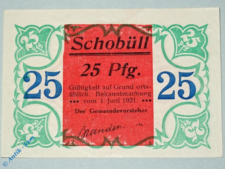 Notgeld Schobüll , 25 Pfennig Schein , Mehl Grabowski 1194.9 , von 1921 , Schleswig Holstein Serien Notgeld