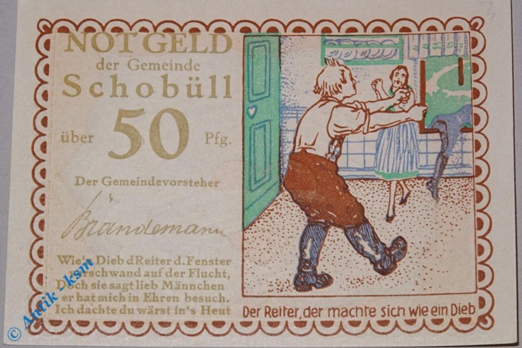 Notgeld Schobüll , 50 Pfennig Schein Nr 1 , Wz 9,5 mm , Mehl Grabowski 1194.6 , Schleswig Holstein Seriennotgeld
