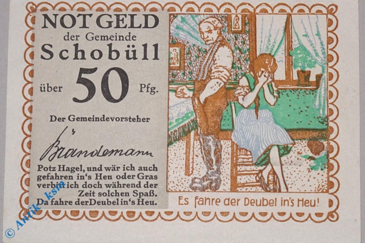 Notgeld Schobüll , 50 Pfennig Schein Nr 2 , Wz 9,5 mm , Mehl Grabowski 1194.2 , von 1921 , Schleswig Holstein Seriennotgeld