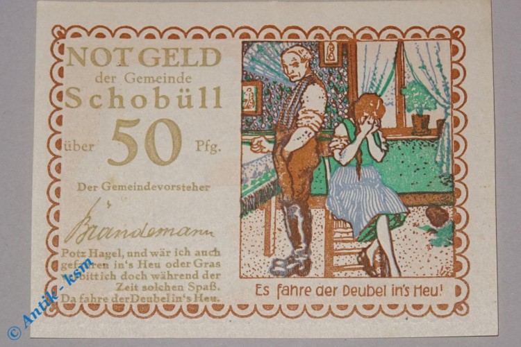 Notgeld Schobüll , 50 Pfennig Schein Nr 2 , Wz 9,5 mm , Mehl Grabowski 1194.6 , Schleswig Holstein Seriennotgeld