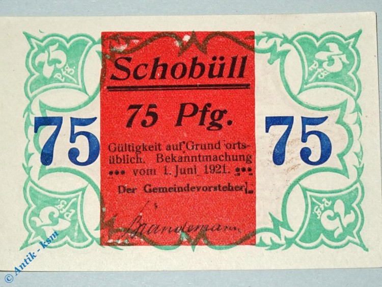 Notgeld Schobüll , 75 Pfennig Schein , Mehl Grabowski 1194.9 , von 1921 , Schleswig Holstein Serien Notgeld