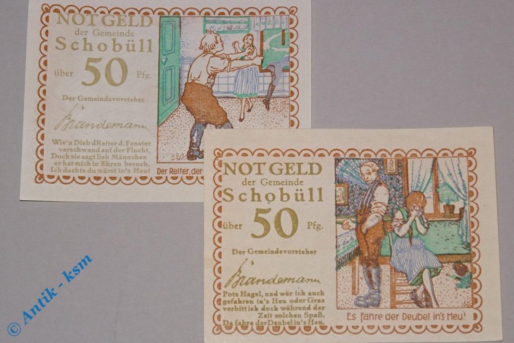Notgeld Schobüll , Satz mit 2 Scheinen , Wz 9,5 mm , Mehl Grabowski 1194.6 , Schleswig Holstein Seriennotgeld