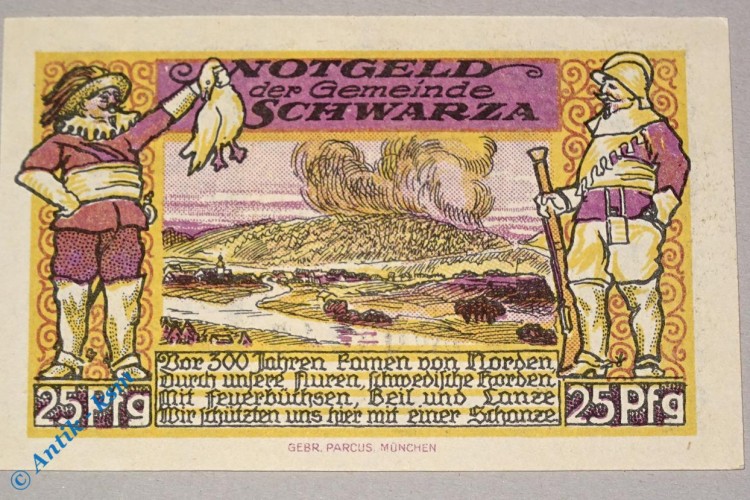 Notgeld Schwarza , 25 Pfennig Schein , 3-farbig , Mehl Grabowski 1207.2 , von 1921 , Thüringen Seriennotgeld