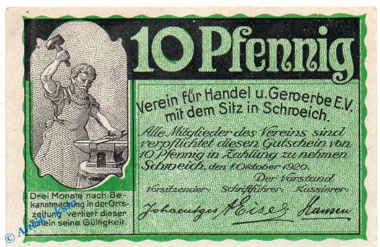 Notgeld Schweich , 10 Pfennig Schein in kfr. Mehl Grabowski 1209.2-3 , von 1920 , Rheinland Pfalz Seriennotgeld
