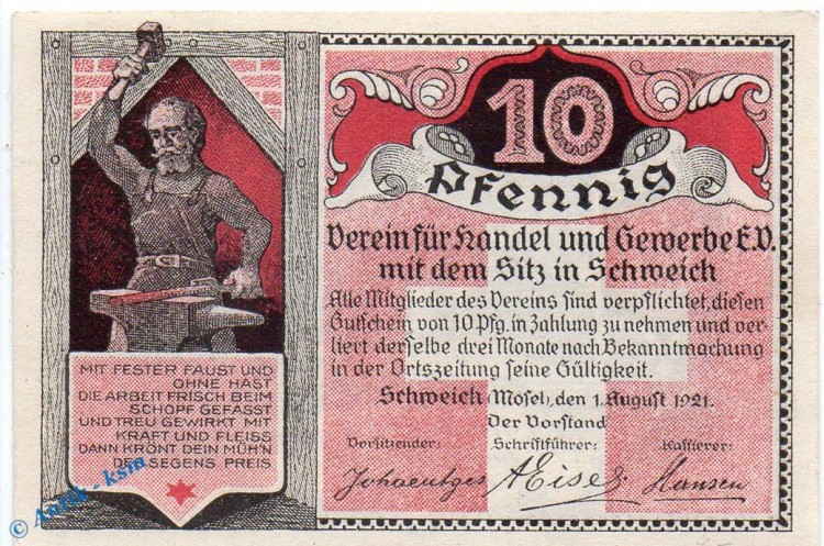 Notgeld Schweich , 10 Pfennig Schein in kfr. Mehl Grabowski 1209.4 , von 1921 , Rheinland Pfalz Seriennotgeld