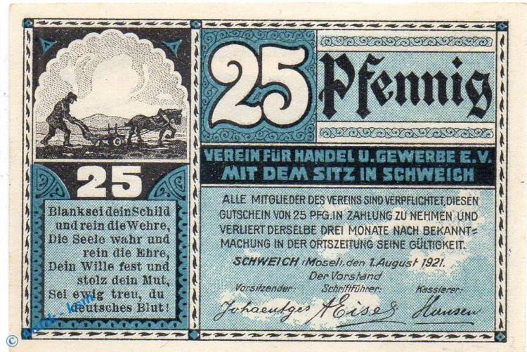 Notgeld Schweich , 25 Pfennig Schein in kfr. Mehl Grabowski 1209.4 , von 1921 , Rheinland Pfalz Seriennotgeld