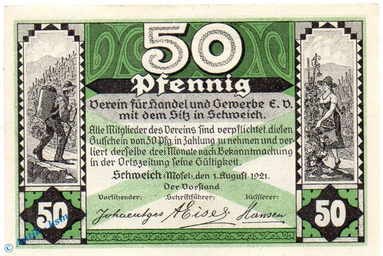 Notgeld Schweich , 50 Pfennig Schein in kfr. Mehl Grabowski 1209.4 , von 1921 , Rheinland Pfalz Seriennotgeld