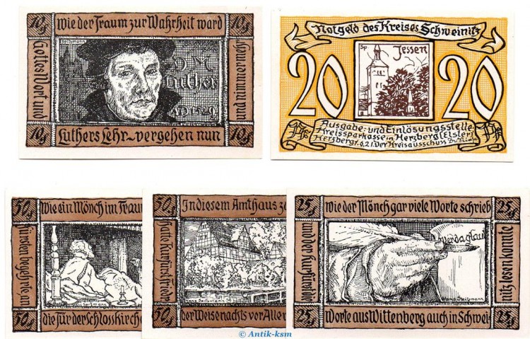 Notgeld Schweinitz , Ausschuß in Herzberg 1212.1 , Set mit 5 Scheinen in kfr. von 1921 , Sachsen Anhalt Seriennotgeld