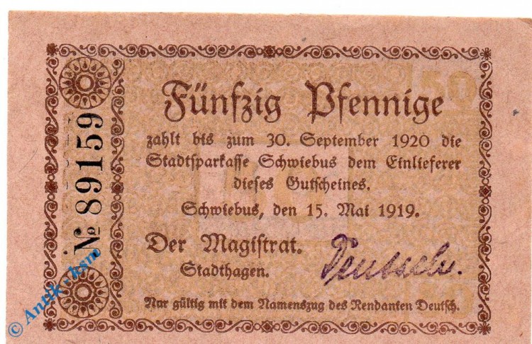 Notgeld Schwiebus , 50 Pfennig Schein , Tieste 6810.25.15 , von 1919 , Brandenburg Verkehrsausgabe