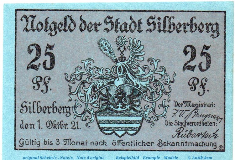 Notgeld Silberberg , 25 Pfennig Schein , Mehl Grabowski 1228.2 , von 1921 , Schlesien Seriennotgeld