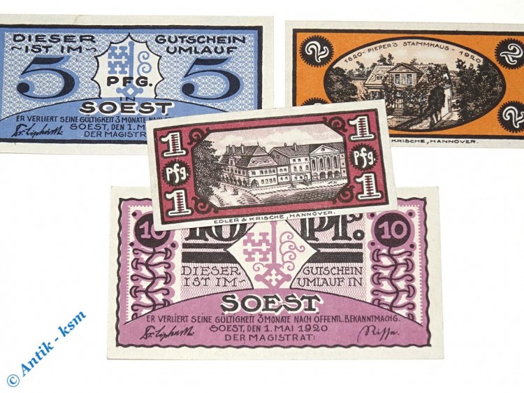 Notgeld Soest , Set mit 4 Scheinen , Tieste 6940.05.01 bis 04 , von 1920 , Westfalen Verkehrsausgabe