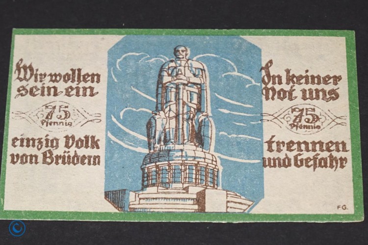 Notgeld Soltau , 75 Pfennig Schein blau , Mehl Grabowski 1239.1 b , Niedersachsen Seriennotgeld