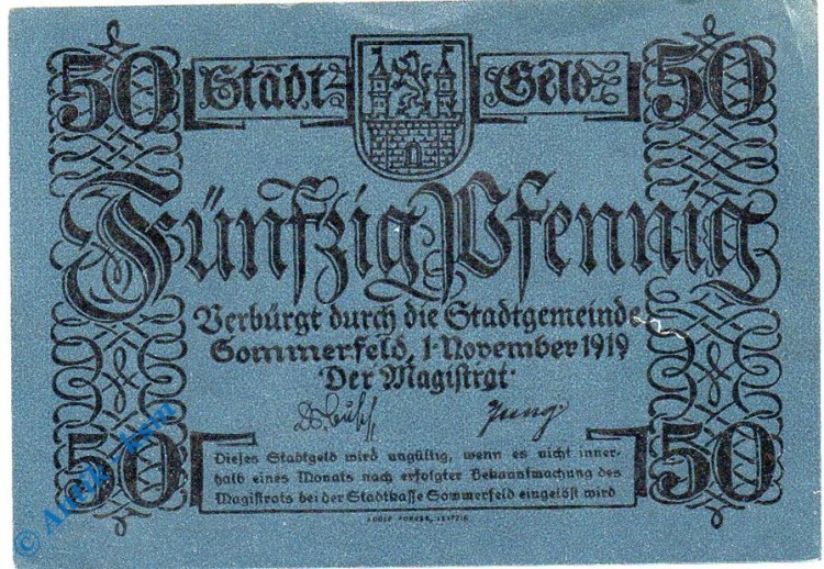 Notgeld Sommerfeld , 50 Pfennig Schein glanz , Tieste 6970.05.10 , von 1919 , Brandenburg Verkehrsausgabe