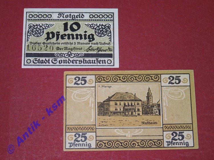 Notgeld Sondershausen , vollständiger Satz mit 2 Scheinen , Thüringen , Seriennotgeld , 1241.1 , von 1921
