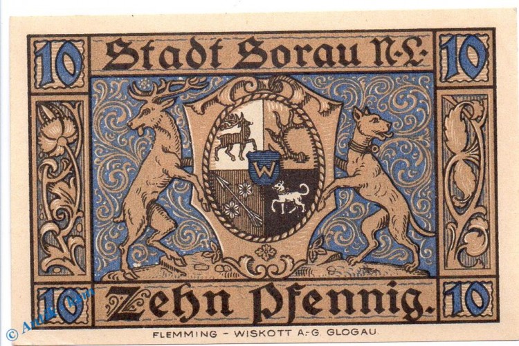 Notgeld Sorau , 10 Pfennig Schein in kfr. Mehl Grabowski 1247.1 a , von 1921 , Brandenburg Seriennotgeld