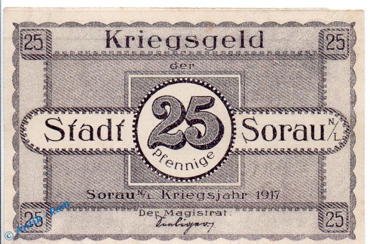 Notgeld Sorau , 25 Pfennig Schein in kfr. Tieste 6995.05.03 , von 1919 , Brandenburg Verkehrsausgabe