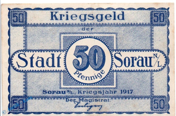 Notgeld Sorau , 50 Pfennig Schein in kfr. Tieste 6995.05.04 , von 1919 , Brandenburg Verkehrsausgabe