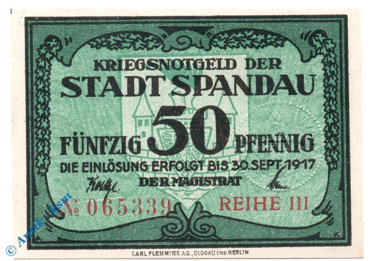 Notgeld Spandau , 50 Pfennig Schein , Tieste 7000.10.01 , Brandenburg Verkehrsausgabe