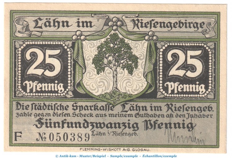 Notgeld Sparkasse Lähn 756.1.a , 25 Pfennig -mit US- in kfr. o.D. Schlesien Seriennotgeld
