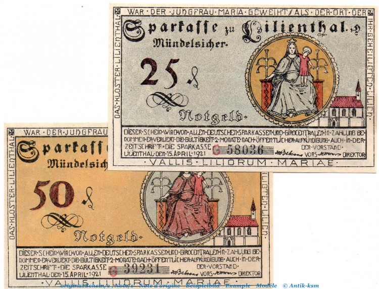 Notgeld Sparkasse Lilienthal 802.11 , Set mit 2 Scheinen in kfr. von 1921 , Niedersachsen Seriennotgeld
