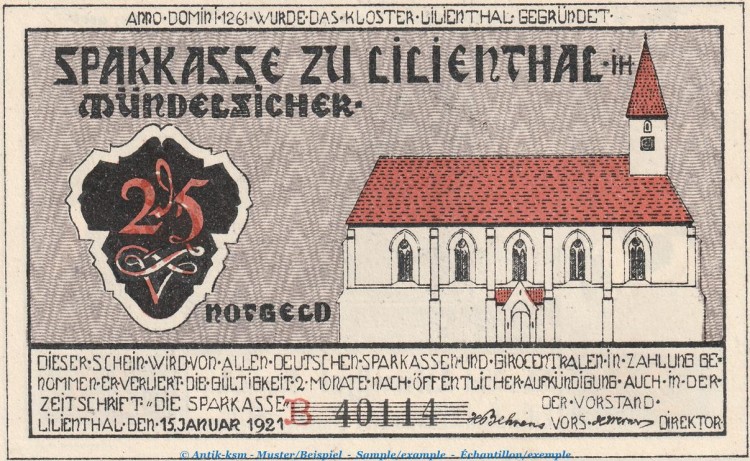 Notgeld Sparkasse Lilienthal 802.4 , 25 Pfennig Schein Serie B in kfr. von 1921 , Niedersachsen Seriennotgeld