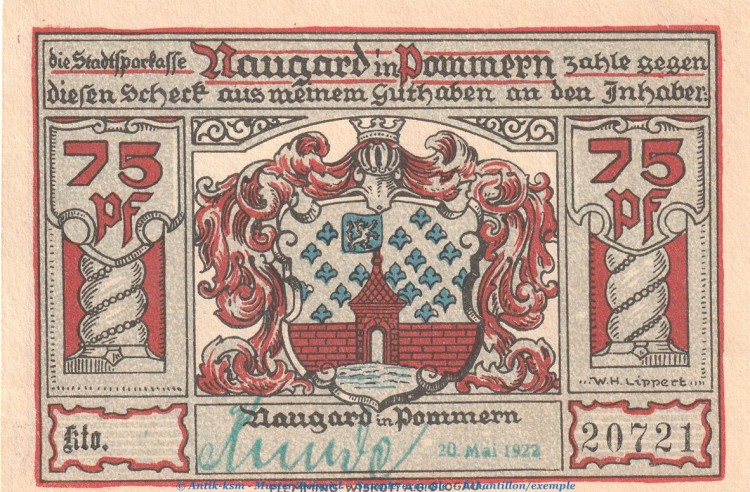 Notgeld Sparkasse Naugard 923.1.a , 75 Pfennig Schein -grün gest- in kfr. von 1922 , Pommern Seriennotgeld